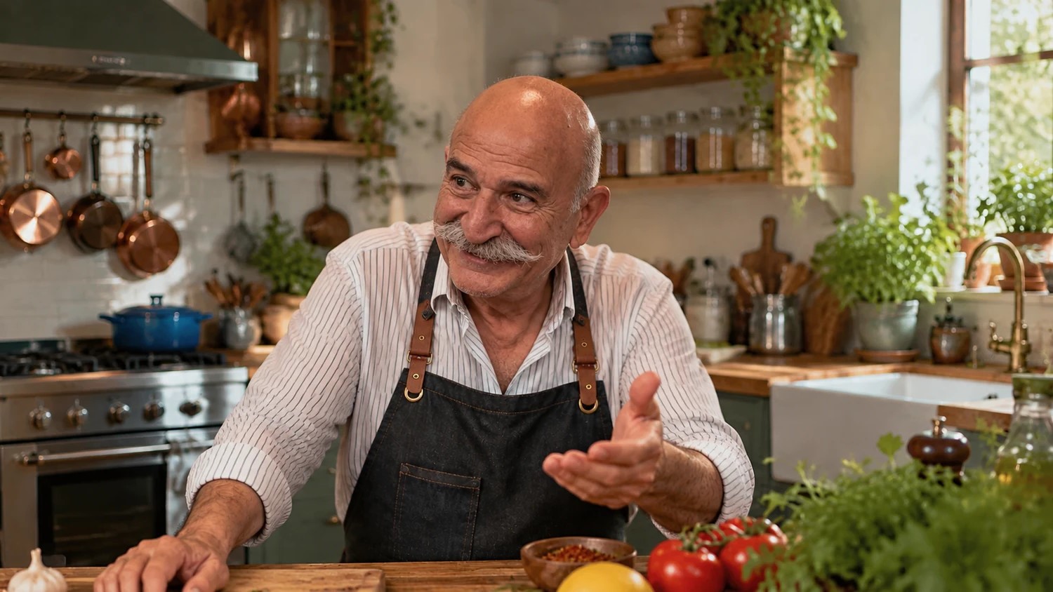 Uncle Jamshid sharing cooking wisdom in his modest Persian-inspired kitchen